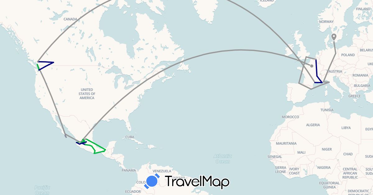 TravelMap itinerary: driving, bus, plane in Belgium, Canada, Germany, Denmark, Spain, France, United Kingdom, Italy, Mexico, United States (Europe, North America)